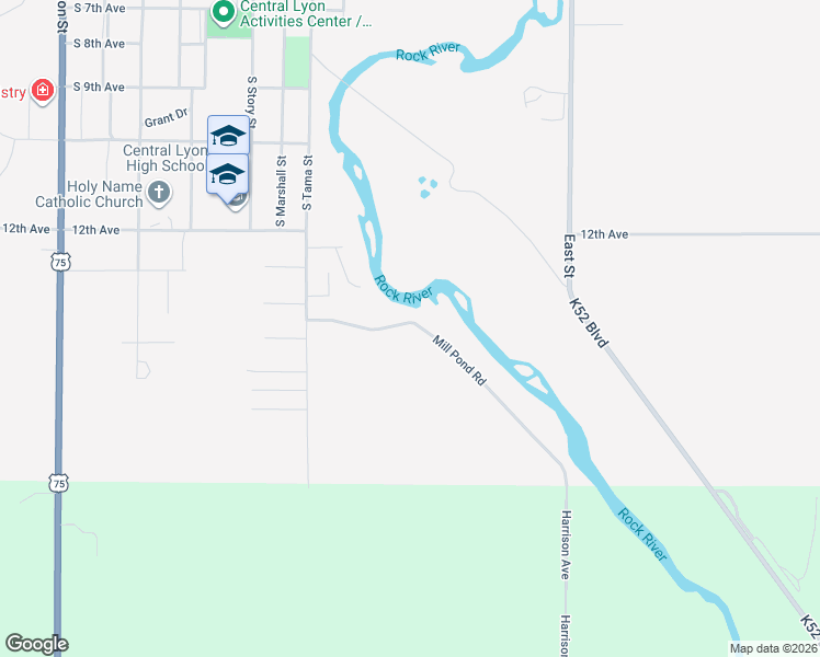 map of restaurants, bars, coffee shops, grocery stores, and more near 306-318 Mill Pond Road in Rock Rapids