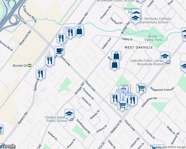 map of restaurants, bars, coffee shops, grocery stores, and more near 1498 Bridge Road in Oakville