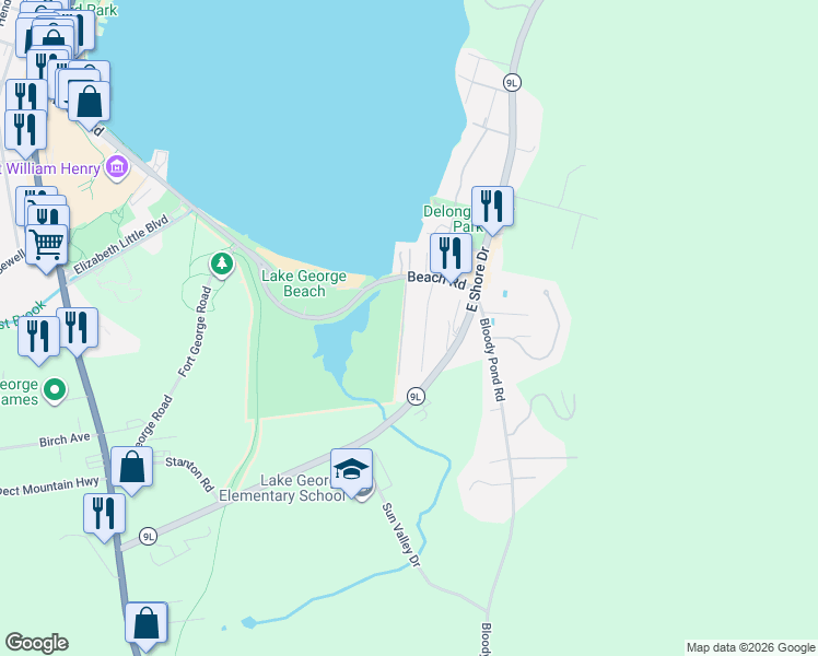 map of restaurants, bars, coffee shops, grocery stores, and more near 21 Cedar Ln in Lake George