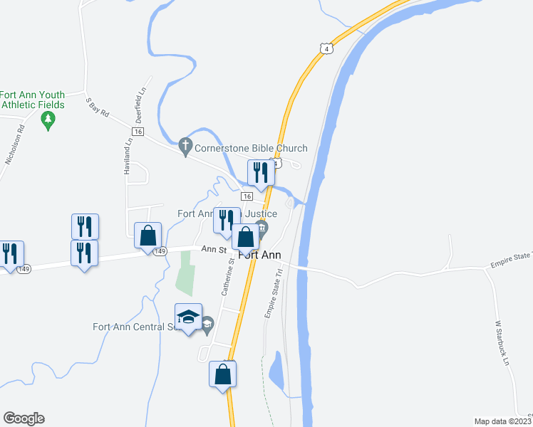 map of restaurants, bars, coffee shops, grocery stores, and more near 98 George Street in Fort Ann
