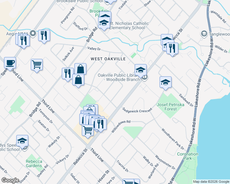 map of restaurants, bars, coffee shops, grocery stores, and more near 1361 Stanbury Road in Oakville