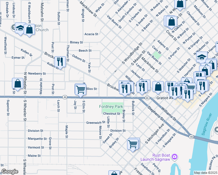 map of restaurants, bars, coffee shops, grocery stores, and more near 1305 Brockway Road in Saginaw