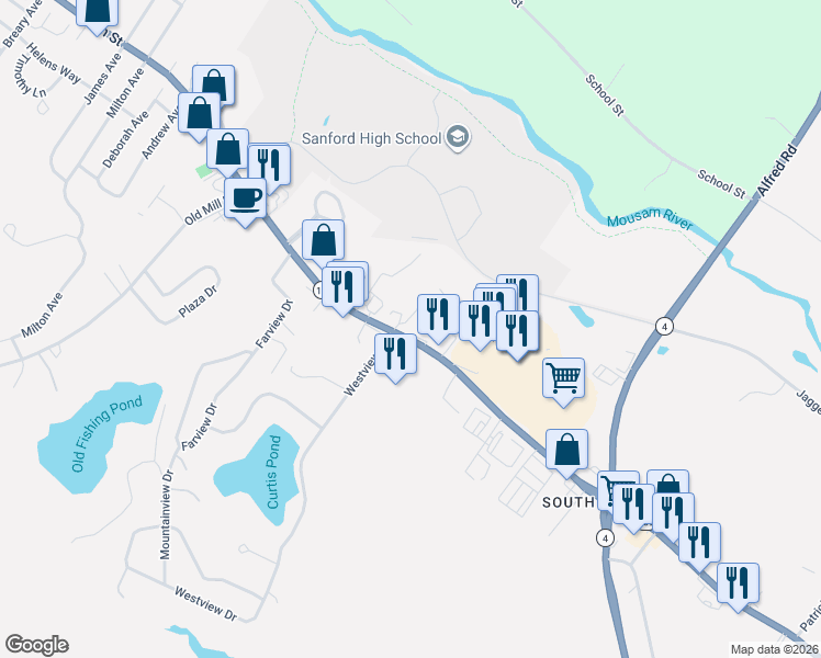map of restaurants, bars, coffee shops, grocery stores, and more near 1322 Main Street in Sanford