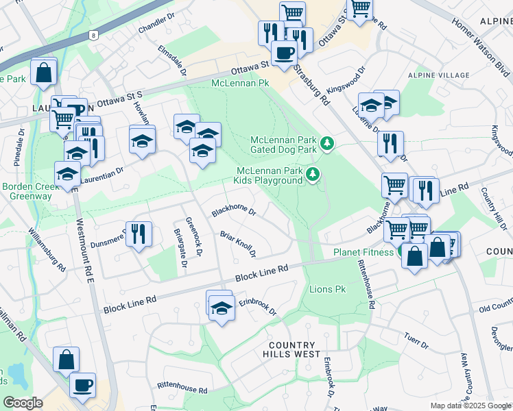 map of restaurants, bars, coffee shops, grocery stores, and more near 8 Roseneath Crescent in Kitchener