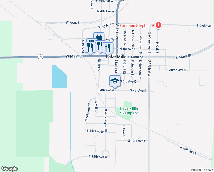 map of restaurants, bars, coffee shops, grocery stores, and more near 100-198 S 4th Avenue West in Lake Mills