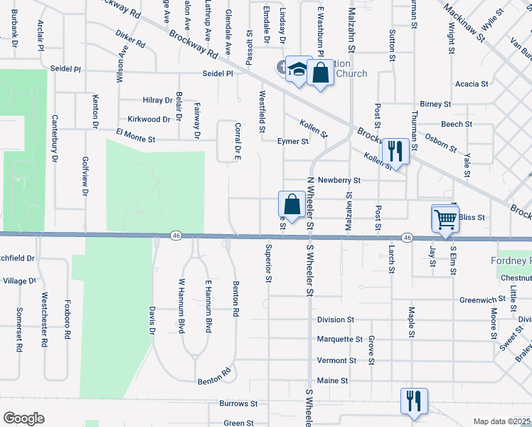 map of restaurants, bars, coffee shops, grocery stores, and more near 204 Ardussi Street in Saginaw