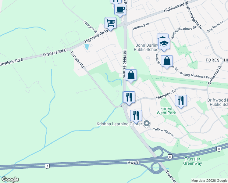 map of restaurants, bars, coffee shops, grocery stores, and more near 50 Costain Court in Kitchener