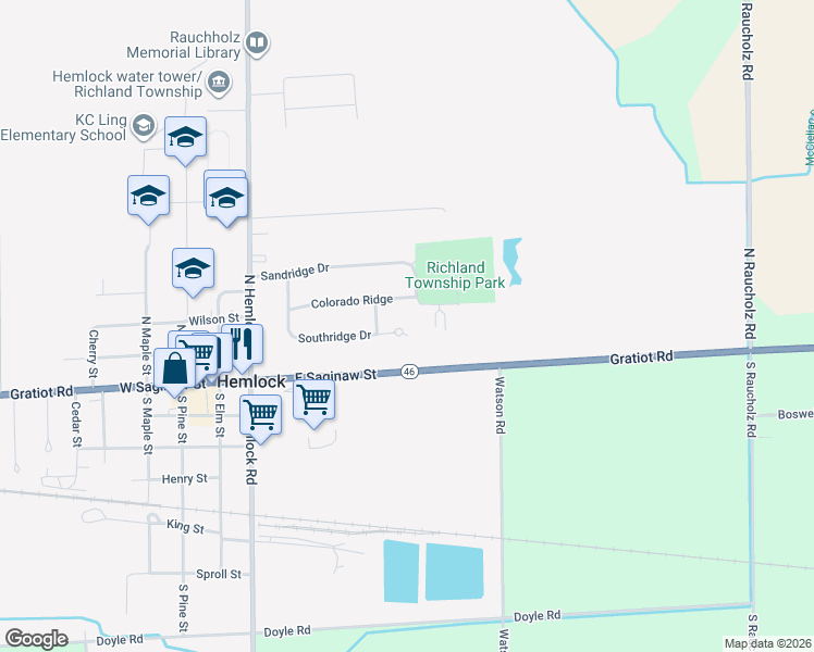 map of restaurants, bars, coffee shops, grocery stores, and more near 393 Southridge Drive in Hemlock