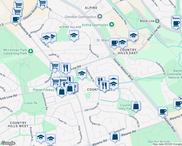 map of restaurants, bars, coffee shops, grocery stores, and more near 54 Country Hill Drive in Kitchener