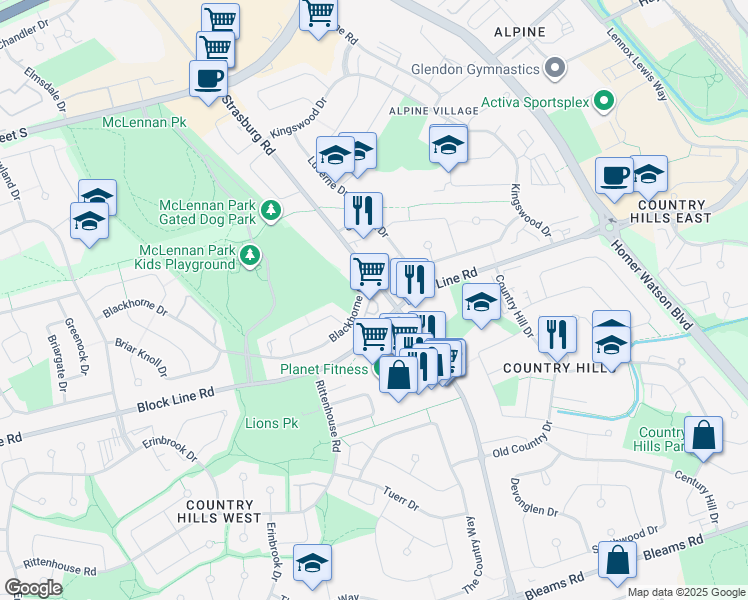 map of restaurants, bars, coffee shops, grocery stores, and more near 634 Strasburg Road in Kitchener