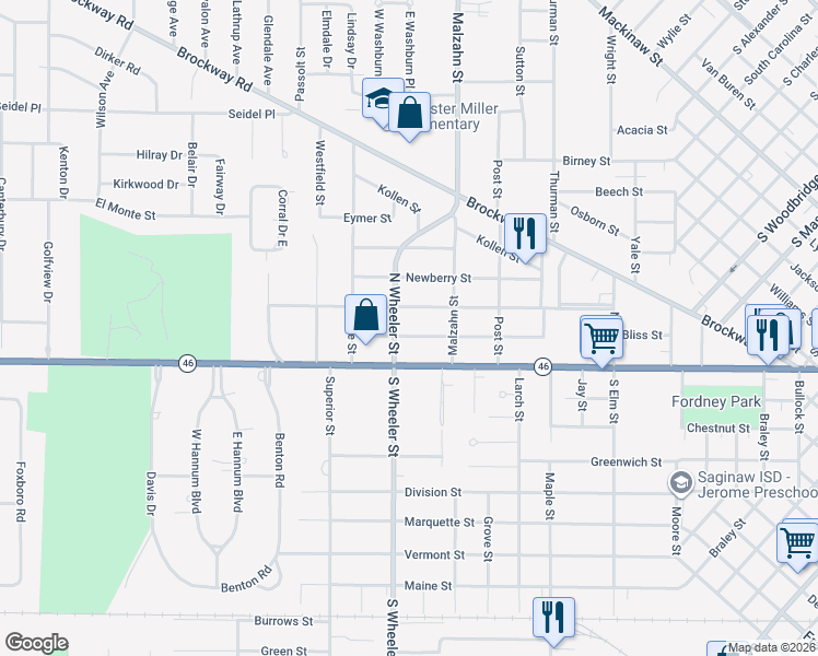 map of restaurants, bars, coffee shops, grocery stores, and more near 1944 Allegan Street in Saginaw