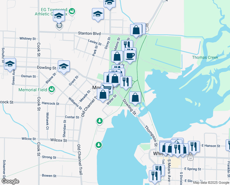 map of restaurants, bars, coffee shops, grocery stores, and more near 8669 Water Street in Montague
