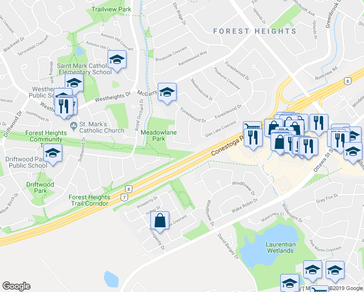 map of restaurants, bars, coffee shops, grocery stores, and more near 74 Glen Park Crescent in Kitchener