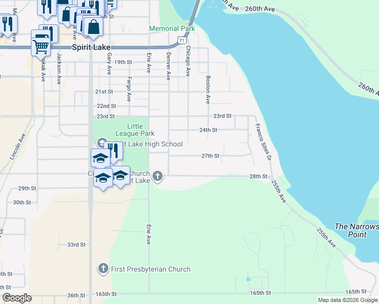 map of restaurants, bars, coffee shops, grocery stores, and more near 260 27th Street in Spirit Lake