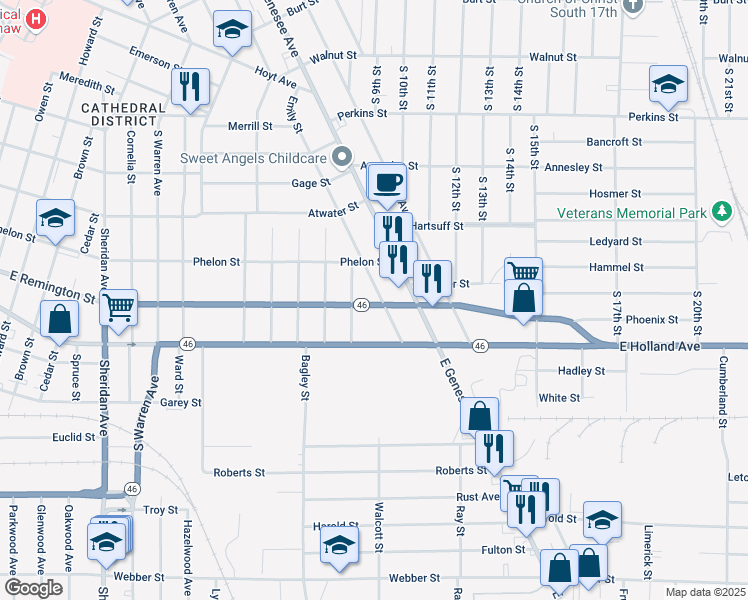 map of restaurants, bars, coffee shops, grocery stores, and more near 2109 East Remington Street in Saginaw