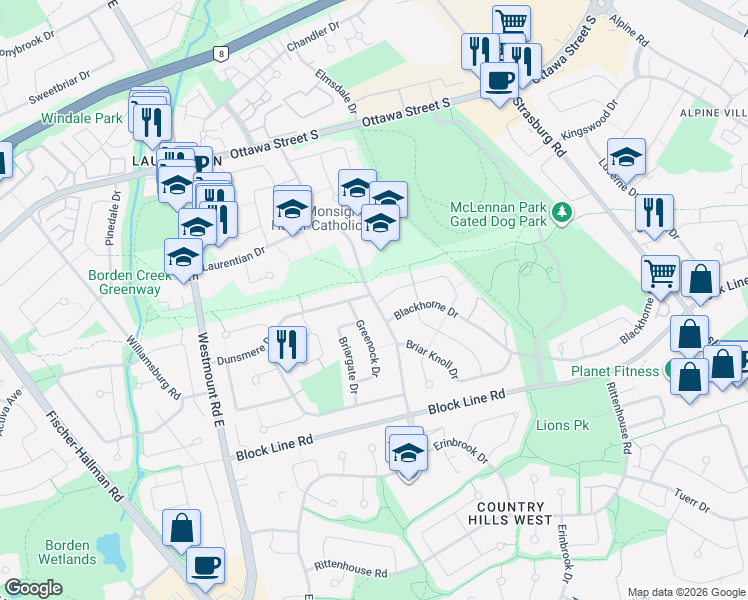map of restaurants, bars, coffee shops, grocery stores, and more near Laurentian Drive in Kitchener
