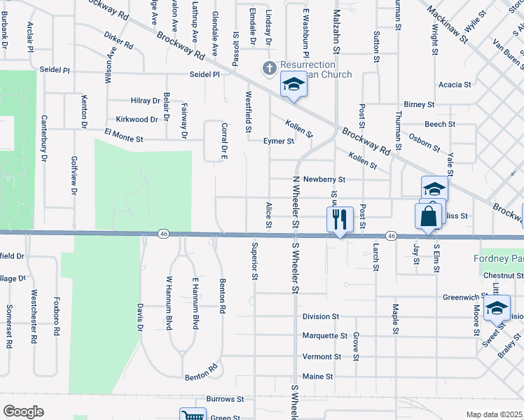 map of restaurants, bars, coffee shops, grocery stores, and more near 204 Ardussi Street in Saginaw