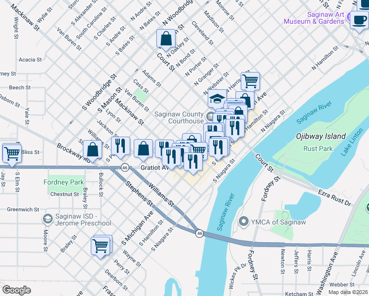 map of restaurants, bars, coffee shops, grocery stores, and more near 417 South Fayette Street in Saginaw