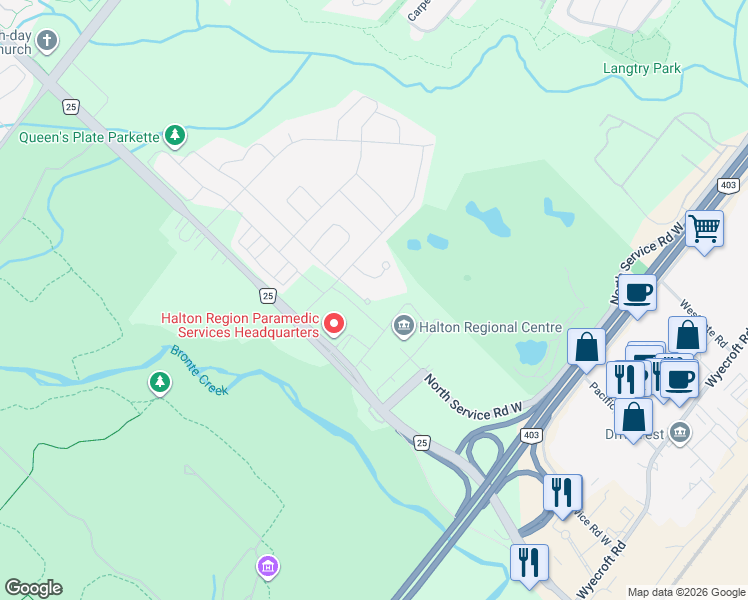 map of restaurants, bars, coffee shops, grocery stores, and more near in Oakville