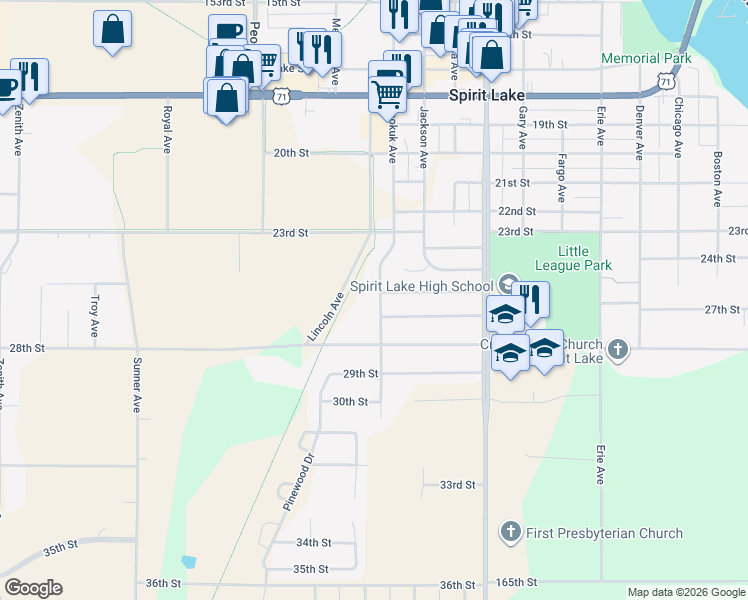 map of restaurants, bars, coffee shops, grocery stores, and more near 2698 Keokuk Avenue in Spirit Lake