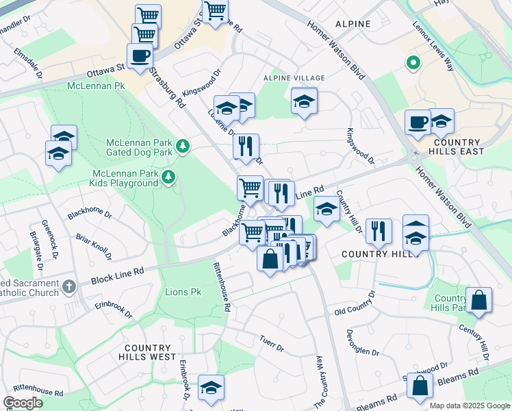 map of restaurants, bars, coffee shops, grocery stores, and more near 634 Strasburg Road in Kitchener