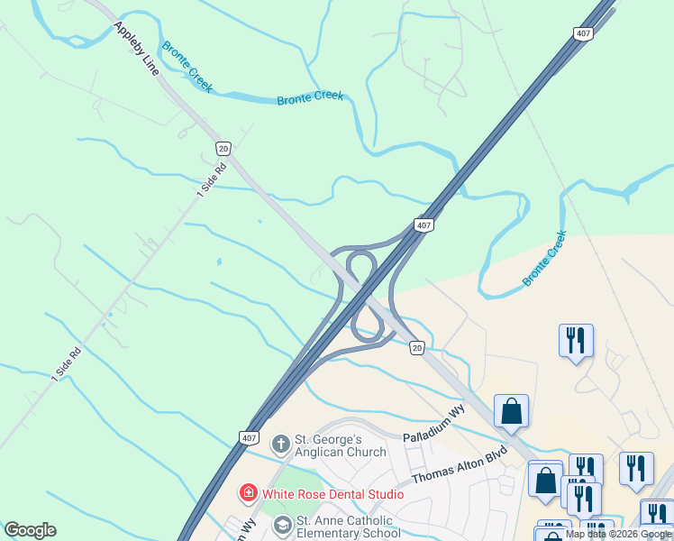 map of restaurants, bars, coffee shops, grocery stores, and more near Appleby Line in Burlington