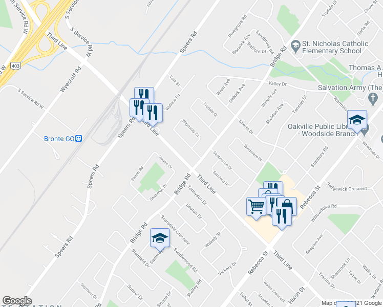map of restaurants, bars, coffee shops, grocery stores, and more near 512 Weynway Court in Oakville
