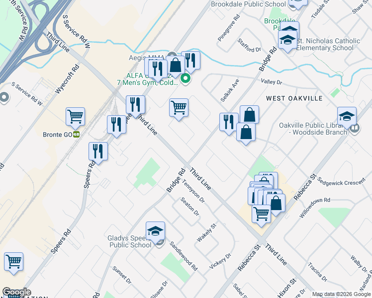 map of restaurants, bars, coffee shops, grocery stores, and more near 512 Weynway Court in Oakville