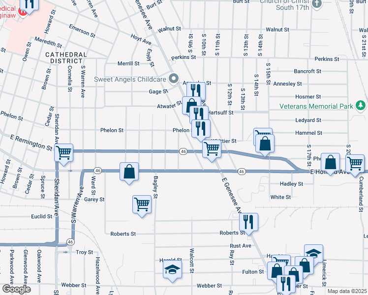 map of restaurants, bars, coffee shops, grocery stores, and more near 2109 East Remington Street in Saginaw