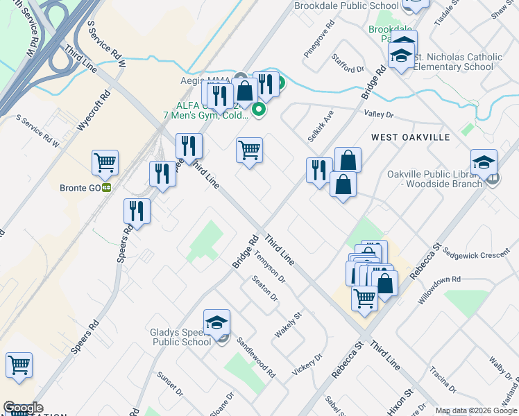 map of restaurants, bars, coffee shops, grocery stores, and more near 512 Weynway Court in Oakville