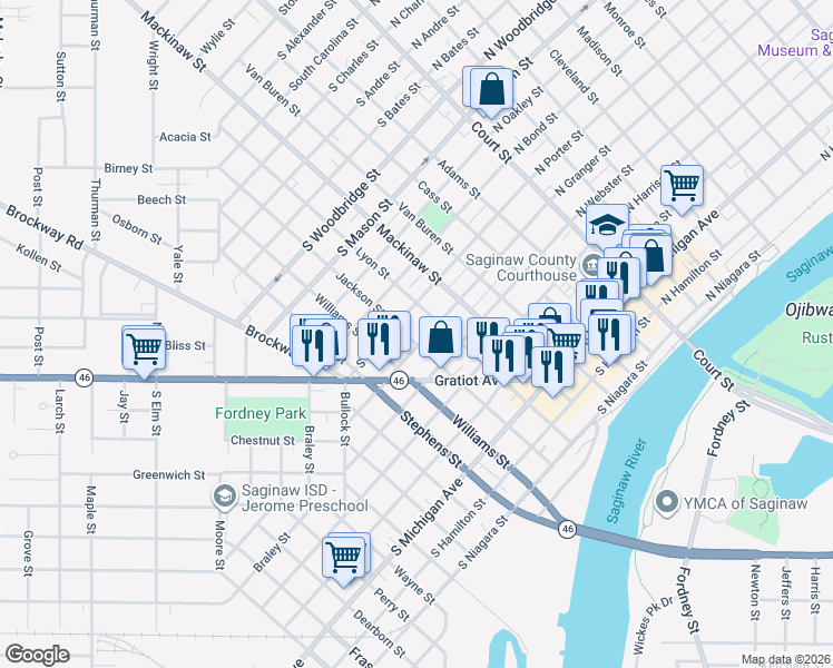 map of restaurants, bars, coffee shops, grocery stores, and more near 705 South Granger Street in Saginaw