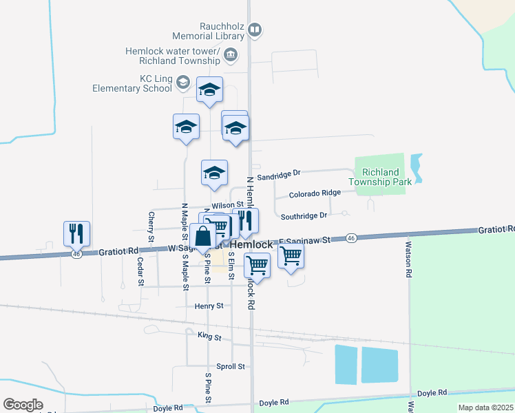 map of restaurants, bars, coffee shops, grocery stores, and more near 252 North Hemlock Road in Hemlock