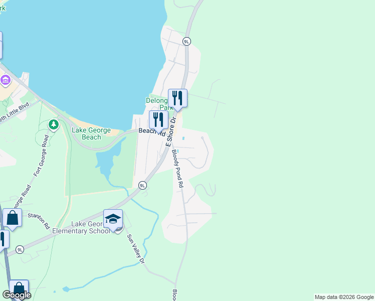 map of restaurants, bars, coffee shops, grocery stores, and more near 4 Mocking Bird Hill in Lake George