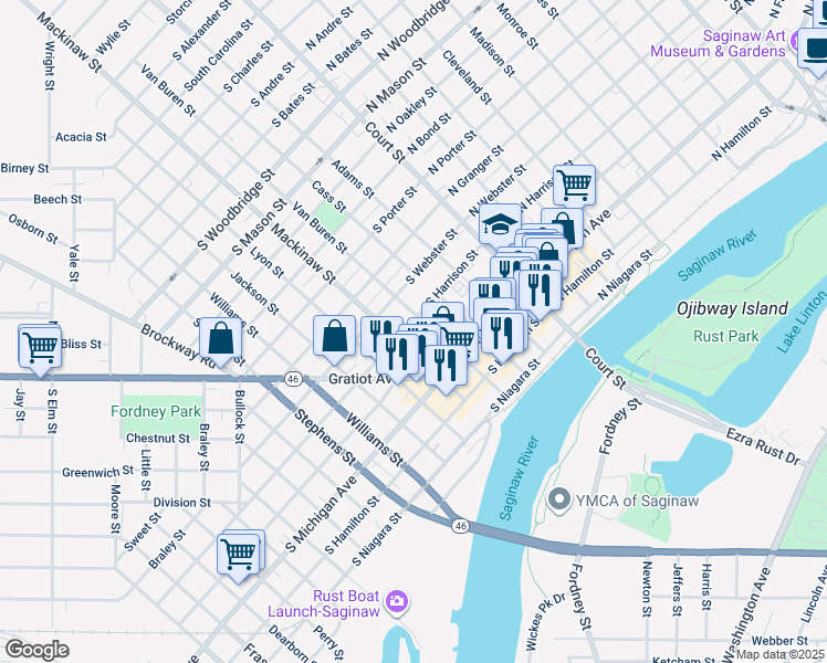 map of restaurants, bars, coffee shops, grocery stores, and more near 417 South Fayette Street in Saginaw