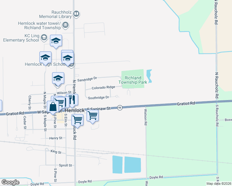 map of restaurants, bars, coffee shops, grocery stores, and more near 393 Southridge Drive in Hemlock