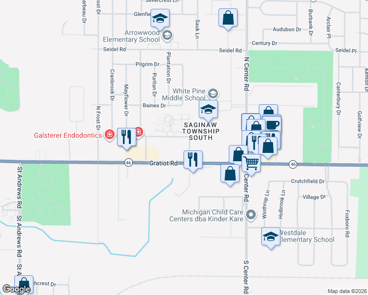 map of restaurants, bars, coffee shops, grocery stores, and more near 5300 Gratiot Road in Saginaw