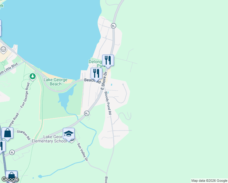 map of restaurants, bars, coffee shops, grocery stores, and more near 4 Mocking Bird Hill in Lake George