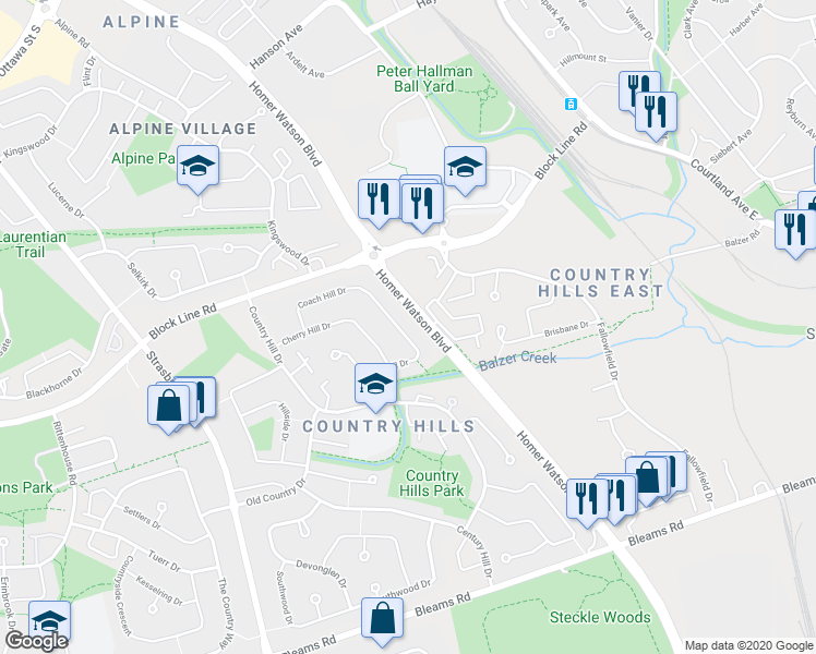 map of restaurants, bars, coffee shops, grocery stores, and more near 146 Coach Hill Drive in Kitchener