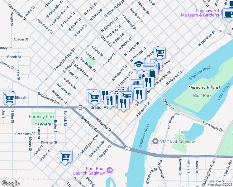 map of restaurants, bars, coffee shops, grocery stores, and more near 615 Van Buren Street in Saginaw