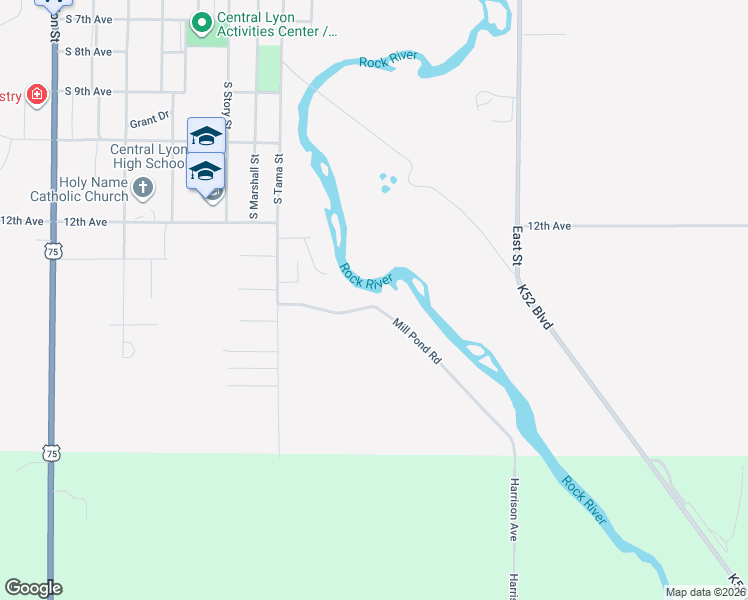 map of restaurants, bars, coffee shops, grocery stores, and more near 306 Mill Pond Road in Rock Rapids