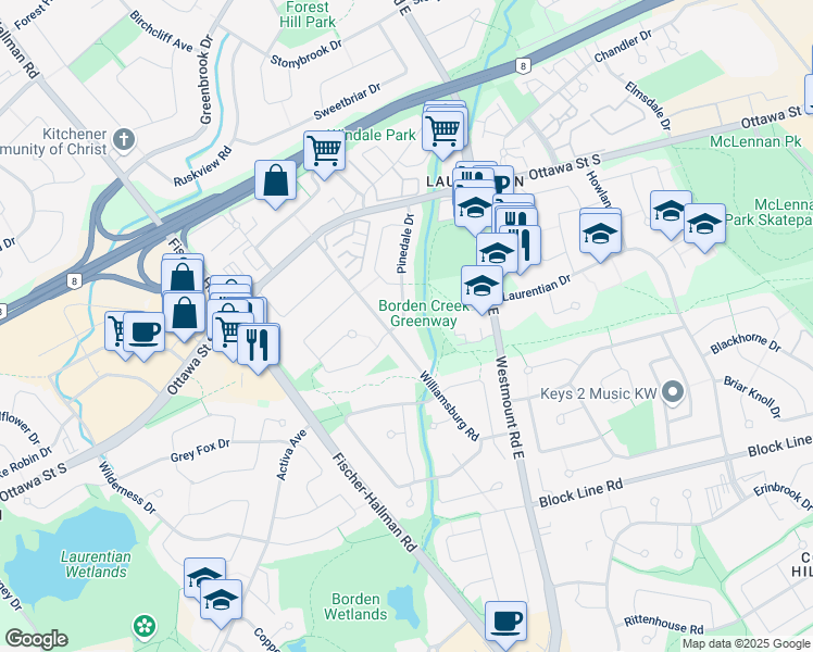 map of restaurants, bars, coffee shops, grocery stores, and more near 142 Pinedale Drive in Kitchener