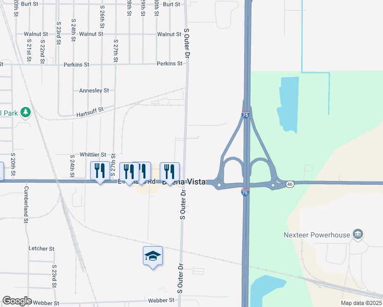 map of restaurants, bars, coffee shops, grocery stores, and more near 1140 South Outer Drive in Saginaw
