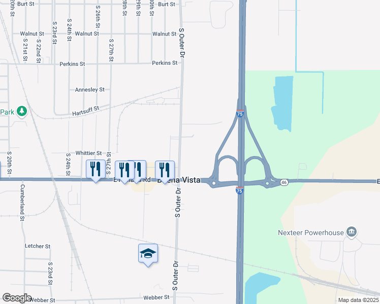 map of restaurants, bars, coffee shops, grocery stores, and more near 1140 South Outer Drive in Saginaw