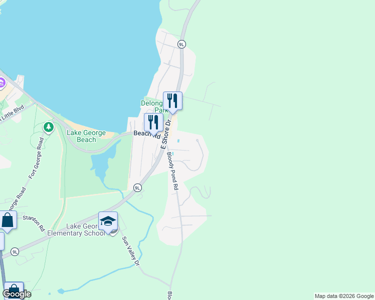 map of restaurants, bars, coffee shops, grocery stores, and more near 4 Mocking Bird Hill in Lake George