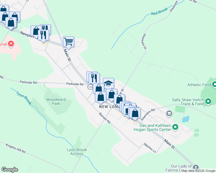 map of restaurants, bars, coffee shops, grocery stores, and more near Cougar Ct in New London