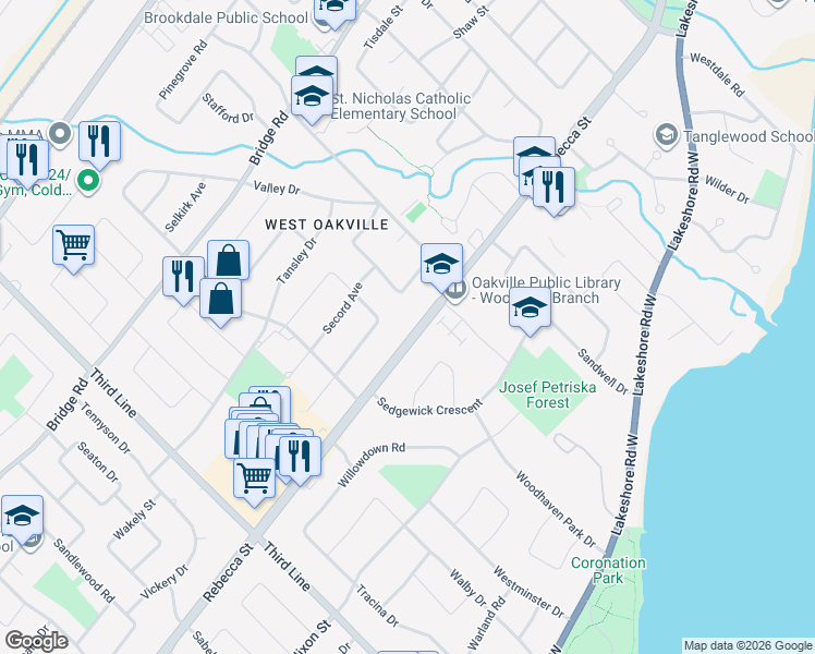 map of restaurants, bars, coffee shops, grocery stores, and more near 1319 Rebecca Street in Oakville