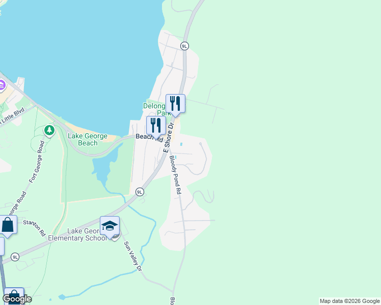 map of restaurants, bars, coffee shops, grocery stores, and more near 4 Mocking Bird Hill in Lake George