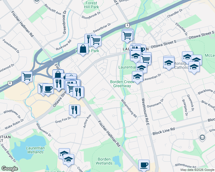 map of restaurants, bars, coffee shops, grocery stores, and more near 39 Pinedale Court in Kitchener