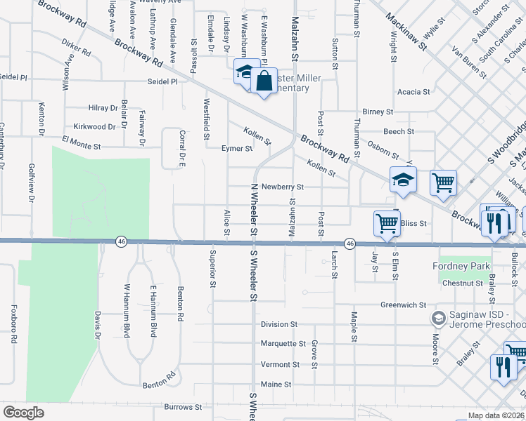 map of restaurants, bars, coffee shops, grocery stores, and more near 1944 Allegan Street in Saginaw