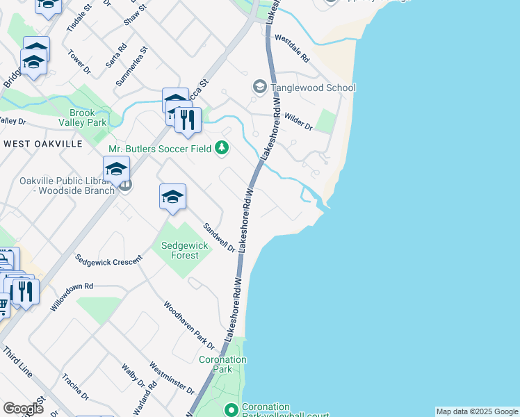 map of restaurants, bars, coffee shops, grocery stores, and more near 1201 Stirling Drive in Oakville